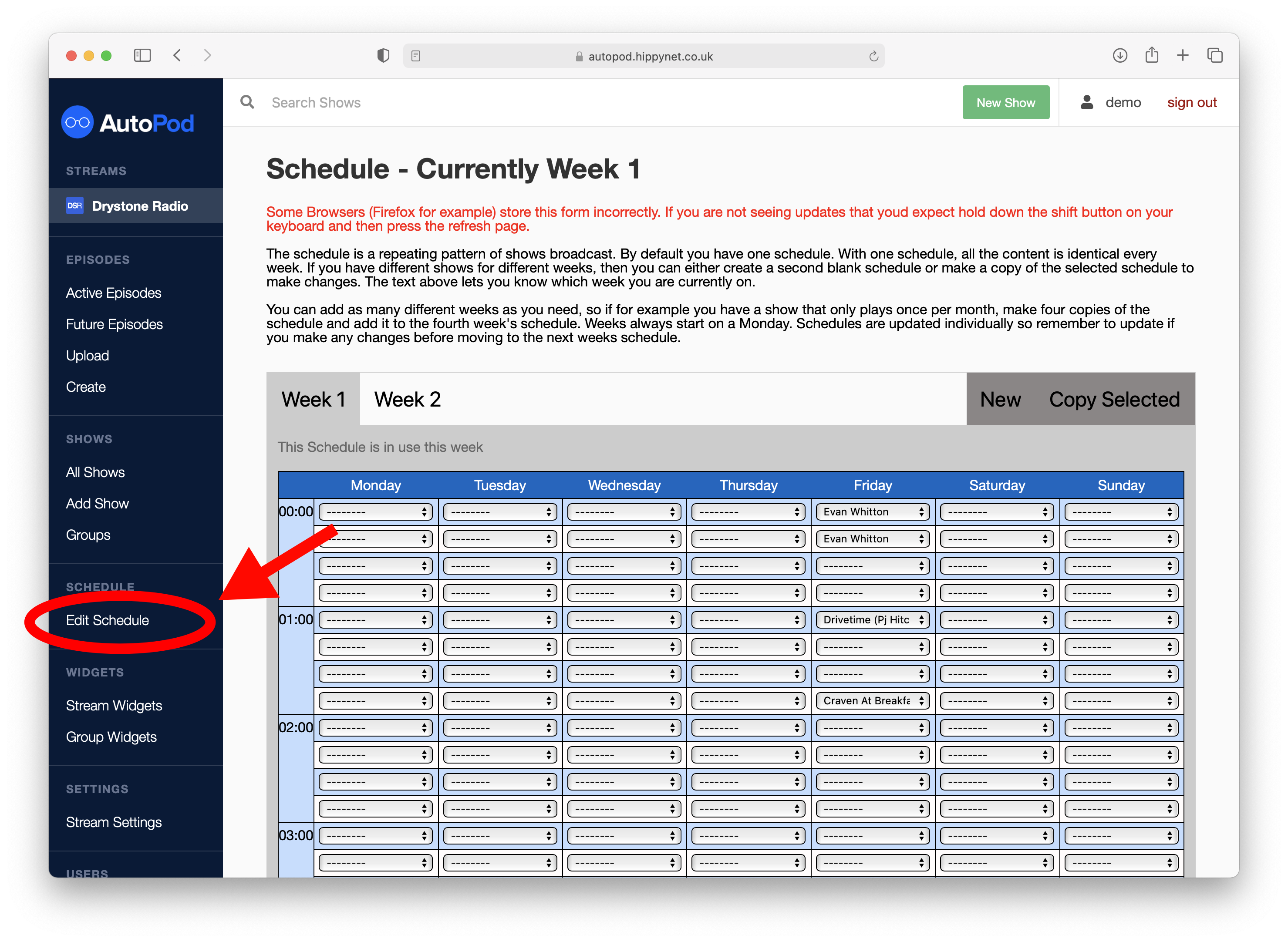 Edit Schedule view