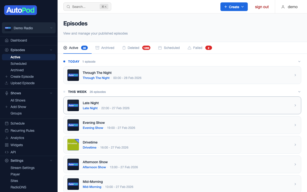 AutoPod episodes page